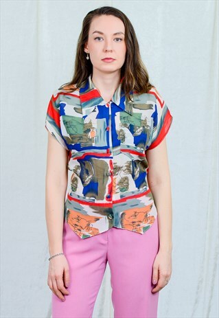 PRINTED TOP VINTAGE 80S PAINTING PATTERN TIED WAIST BLOUSE M