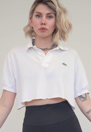 VINTAGE REWORKED LACOSTE CROP TOP POLO SHIRT IN WHITE