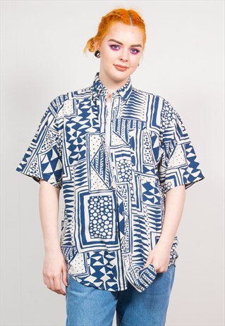VINTAGE 90'S BLUE AZTEC PATTERN OVERSIZED SHIRT