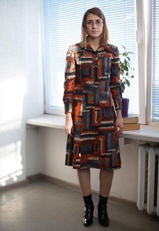 VINTAGE 90'S MULTI COLOUR PATTERNED LONG SLEEVED DRESS