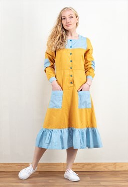 Vintage 80's Cottage core Dress in Blue and Yellow