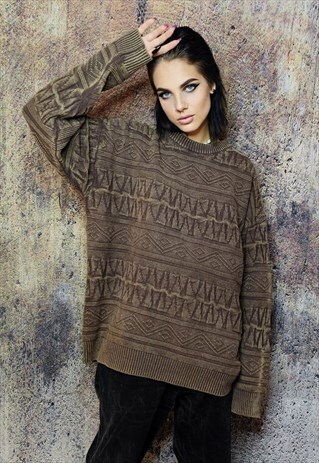 VINTAGE WASH SWEATER PREMIUM BLEACHED RETRO JUMPER IN BROWN