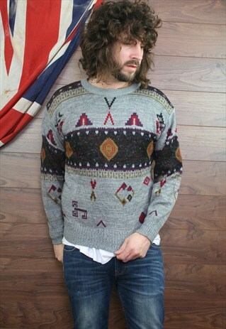 VINTAGE ICELANDIC COSBY PATTERNED KNIT JUMPER ,SMALL,