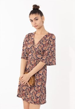 Kimono Sleeve Wrap Dress in Brown Paisley Floral Print