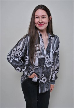 80's abstract blouse, vintage modernist button up shirt