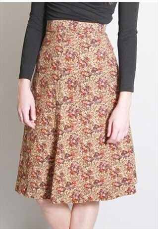VINTAGE 1970'S FLORAL CORDUROY A-LINE MIDI SKIRT