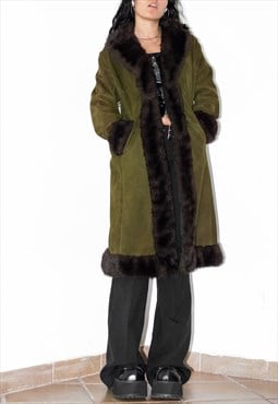 Vintage 90s Khaki Faux Fur Leather Afghan Coat
