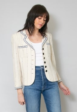 80's Wool Cream Jacket Blue Stripe Boucle Style Small