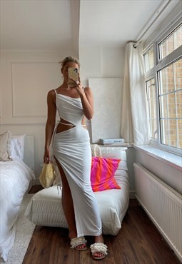 White Ruched Cut Out Strappy Midi Dress