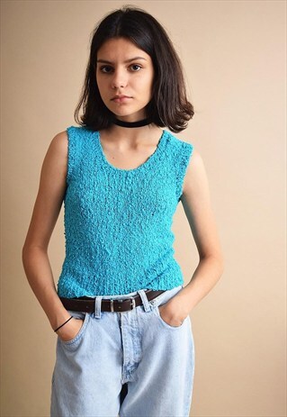 90'S RETRO TURQUOISE HANDKNITTED CROCHET TOP