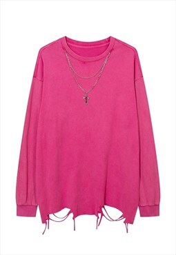 Distressed long sleeve t-shirt chain attachment top in pink