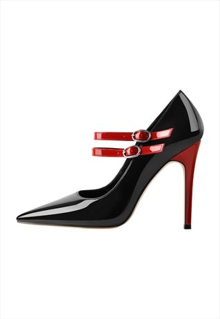 Pointed Toe Buckle Strap Patent Leather Stiletto Pumps