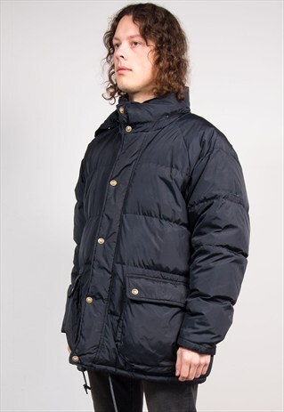 90'S VINTAGE BLACK HOODED DOWN PUFFER COAT JACKET