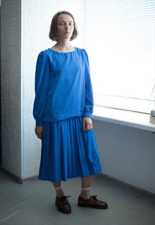 VINTAGE 80'S BLUE LOW WAIST PLEATED DRESS