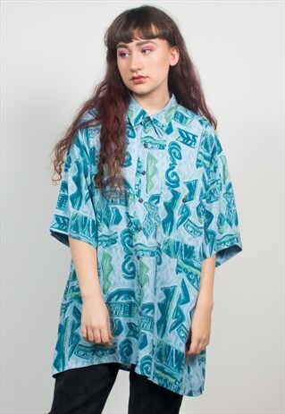 VINTAGE 90'S BLUE ABSTRACT PATTERN OVERSIZED SHIRT