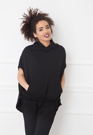 LOOSE SWEATSHIRT BLOUSE WITH HOOD AND KANGAROO POCKETS