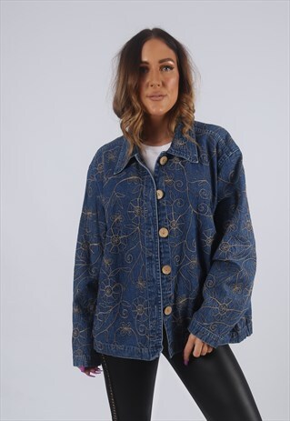VINTAGE DENIM JACKET OVERSIZED EMBROIDERED FLORAL UK 16 (KBW