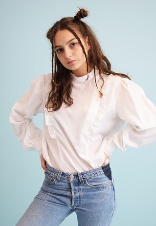 80'S RETRO NEUTRAL PUFF SLEEVE MOMS BLOUSE TOP