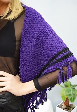90'S RETRO PURPLE HANDKNITTED FRINGED TRIANGLE SCARF PONCHO