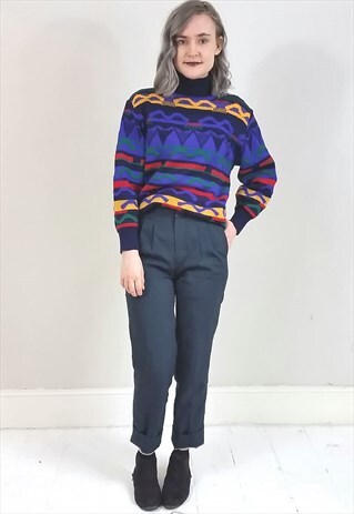 VINTAGE 90'S PURPLE ABSTRACT PATTERNED ROLL NECK JUMPER