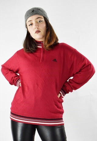 UNISEX SUPER RARE RED ADIDAS RETRO HALF ZIP KNITTED JUMPER