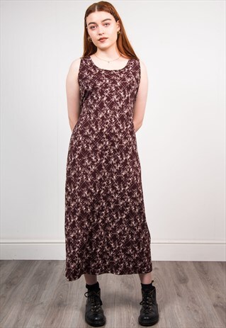 VINTAGE 90'S BROWN FLORAL PATTERN MIDI DRESS