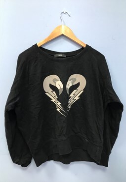 Cropped Sweatshirt Black Flamingo Print Long Sleeved 