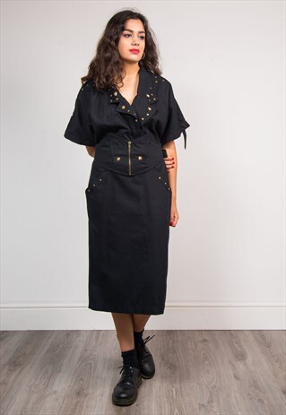 80'S VINTAGE BLACK DENIM STUDDED MIDI DRESS