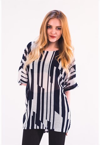 OVERSIZED MESH TOP MULTI BLUE WHITE COLOR STRIPE PRINT CY