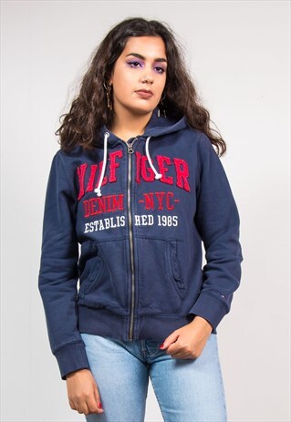 RETRO TOMMY HILFIGER NAVY BLUE SWEAT ZIP HOODIE JACKET