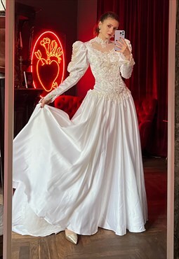 Satin Wedding Dress with Long Puffy Sleeves, Bridal Dress