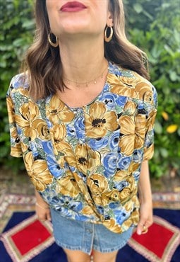 1980's vintage tan, blue and green floral print