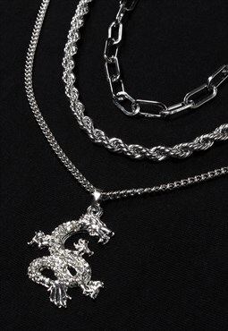 Silver Dragon Pendant & Necklace Chain Set 