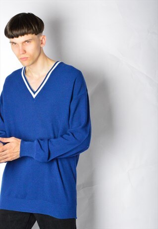 VINTAGE 90S BLUE V-NECK WOOL BLEND JUMPER