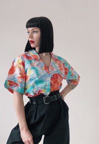 80S VINTAGE FUNKY ARTY WATERCOLOUR BRIGHT FLORAL BLOUSE