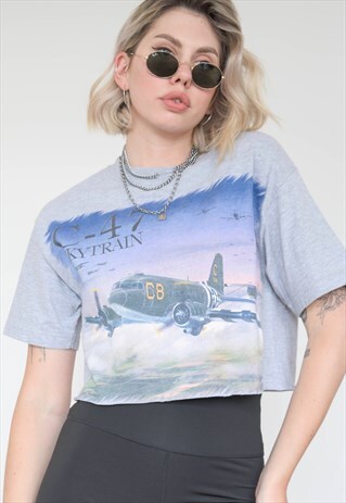 VINTAGE REWORKED CROP TOP T-SHIRT IN GREY WITH PLANE PRINT