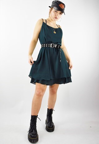 VINTAGE 90S DEEP GREEN THIN STRAP DOUBLE LAYERED SHIFT DRESS
