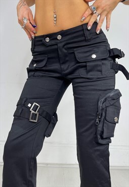 Vintage Y2k Trousers Goth Punk Buckle Flares Low Rise Grunge