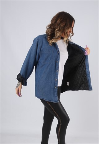 DENIM SHIRT OVERSIZED QUILT LINED PLAIN LONG UK 14 (CK2P)