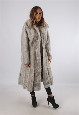VINTAGE FAUX FUR LEATHER COAT JACKET MID LONG UK 12 M (B93A