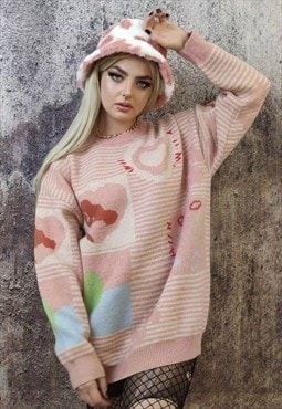 Heart sweater retro love print jumper 90s vibe top in pink