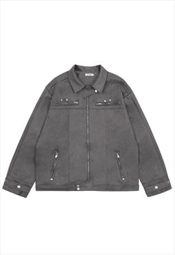 Velvet utility jacket faux leather motor sport varsity grey