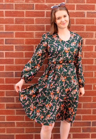 VINTAGE 70'S PLEATED MINI DRESS GREEN PINK FLORAL WITH BELT