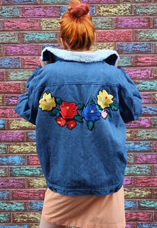 VINTAGE REWORKED 90S OVERSIZED DENIM JACKET FLOWER BADGE