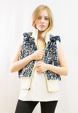 Fuax Fur Short Gilet with removeable hoody in blue leopard