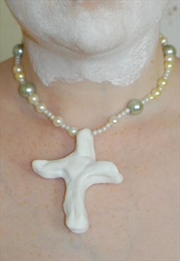Pearl Choker Necklace With White Hand Sculpted Cross