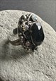 60'S VINTAGE BLACK DIAMANTE JET SILVER METAL COCKTAIL RING