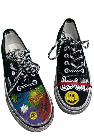 CUSTOMIZED PUNK TRAINERS PAINT GRAFFITI SNEAKERS IN BLACK