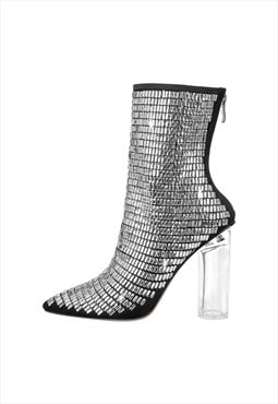 Rhinestone Pointed Toe Clear Chunky Heel Ankle Boots