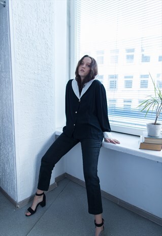 VINTAGE 60'S BLACK TEXTURED POLKA DOT TRIM JACKET